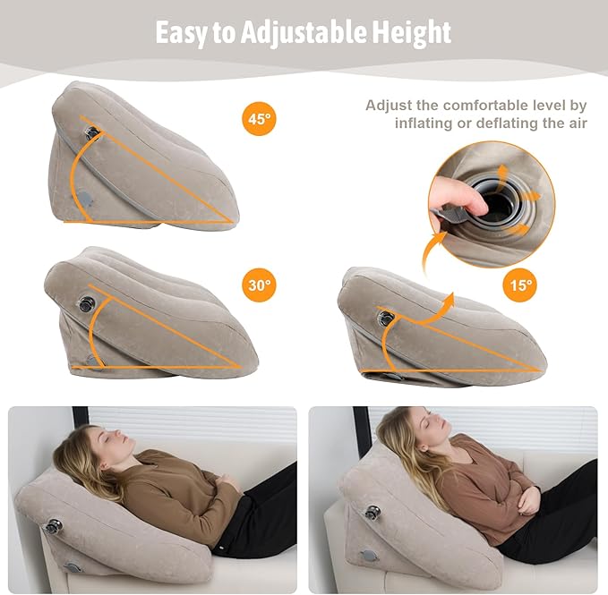 Inflatable Bed Wedge Pillow Set for Sleeping, 2PCS Inflatable Wedge Pillow for Traveling, Adjustable Back Pillow for Bed Sitting up, Reading, After Surgery, Knee & Back Pain, Acid Reflux, GERD, Grey