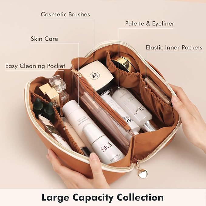 Prite Makeup Bag for Women Travel Waterproof Vegan Leather Cosmetic Bag Open Flat Toiletry Bag With Clear Divider and Handle (Brown)