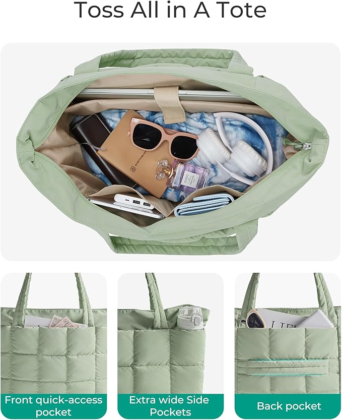 BAGSMART Expandable Tote Bag for Women, Puffer Work Tote Handbag, Quilted Carry On Bag for Travel Gym