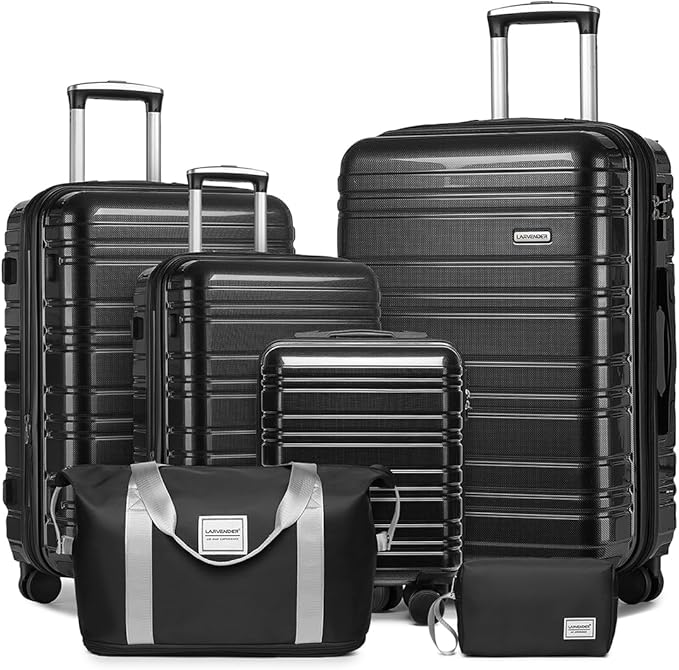 LARVENDER Luggage Sets 6 Piece Hardside Expandable Suitcase with Wheels TSA Lock, PC+ABS Hardshell Lightweight Travel Luggage Sets for Women, Glossy Black