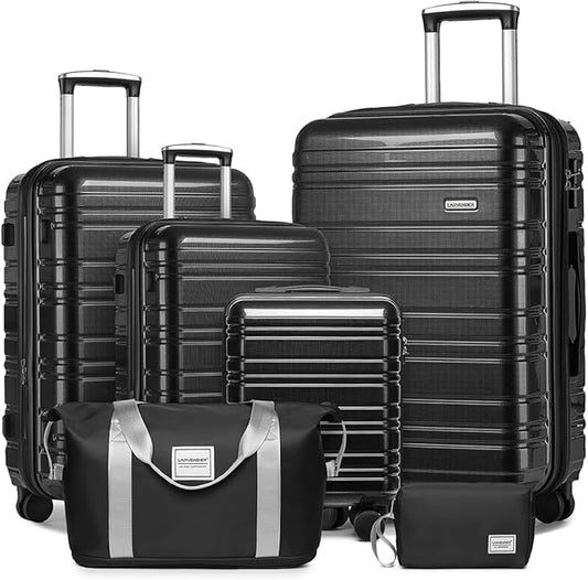 LARVENDER Luggage Sets 6 Piece Hardside Expandable Suitcase with Wheels TSA Lock, PC+ABS Hardshell Lightweight Travel Luggage Sets for Women, Glossy Black