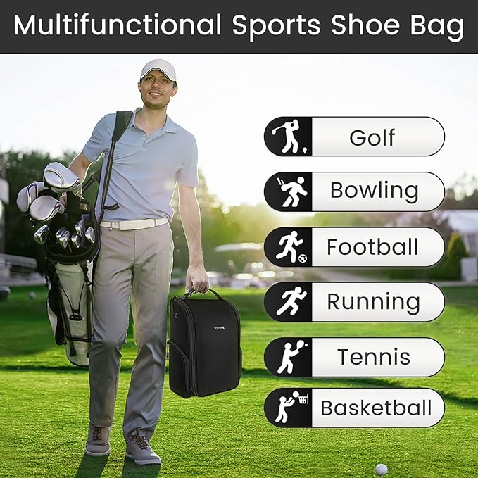 YOREPEK Golf Shoe Bag, Golf Accessories Bag with 3 Pockets for Socks, Tees, Balls, Designed with a Buckle Top Carry Handle, Zippered Sport Shoe Carrier Bags with Ventilation, Golf Gifts for Men, Black
