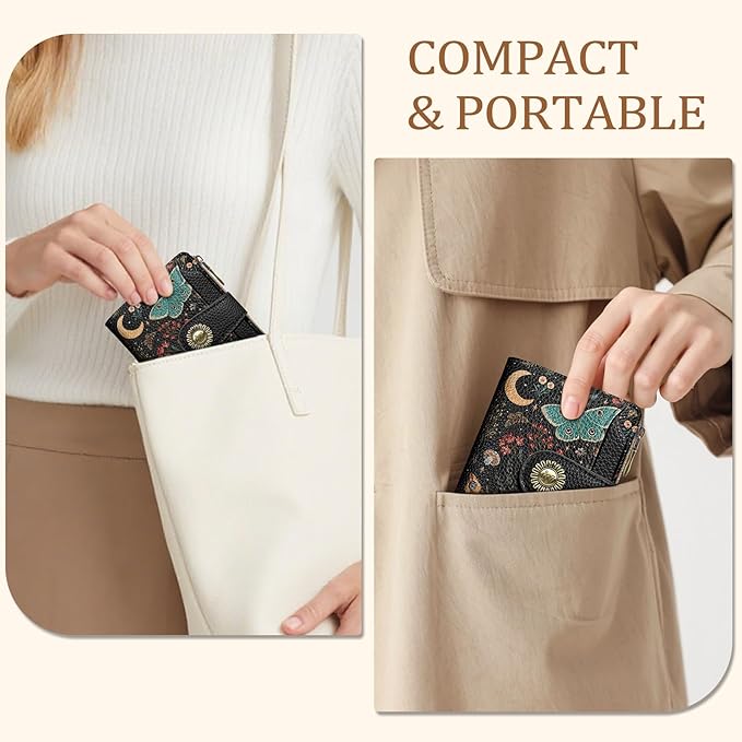Icycay Butterfly Small Wallet Women RFID Blocking Bifold, Credit Card Holder, Zipper Coin Pocket, PU Leather, Compact, Travel, 4 ID Window, 14 Card Slots, Cash Purse, Ladies Woman Female Girls