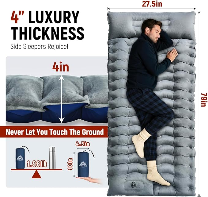 Camping Sleeping Pad, 9.2R-Value Ultralight Camping Mat with Pillow Built-in Foot Pump Inflatable Sleeping Pads Compact for Camping Backpacking Hiking Traveling-Lined Version Grey