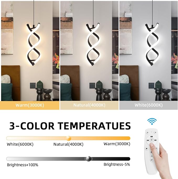 CANEOE Spiral Modern Led Pendant Light,3000K-6000K Dimmable Black LED Hanging Lamp, Adjustable Height Kitchen Island Light Fixture for Dining Room Bedroom Kitchen Sink (Black, Dimmable,3 Packs)