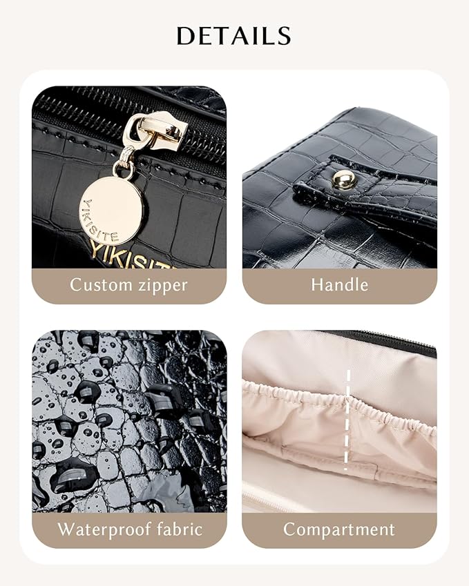 Make Up Bag, Cosmetic Organizer for Women, Waterproof Croc PU Leather Makeup Organizer with Divider and Handle Toiletry Bag Travel Bag (Croc Embossed, Black)
