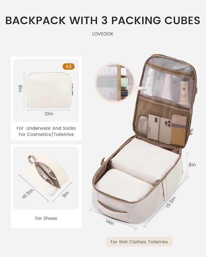 LOVEVOOK Travel Backpack,50L Carry On Backpack Large Fits 18" Laptop,TSA Personal Item Travel Bag with 3 Packing Cubes,Water Resistant Laptop Bag Travel Essentials for Weekender Business Hiking