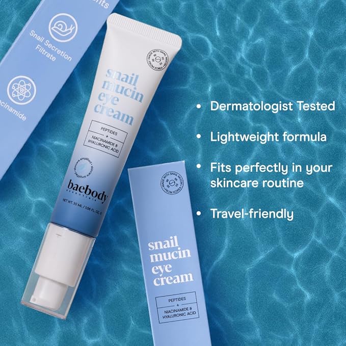 Baebody Snail Mucin Eye Cream (30 ml/1.06 fl oz) - Anti-Aging Korean Eye Cream for Dark Circles and Dry Skin - Snail Mucin Serum with Peptides and Hyaluronic Acid