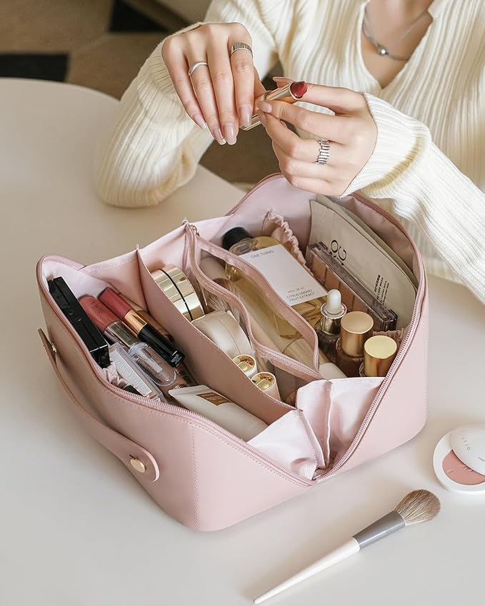 EACHY Travel Makeup Bag, Large Capacity Cosmetic Bag for Women, Waterproof PU Leather, Flat Open Portable Toiletry Bag for Skincare, Brushes & Travel Essentials