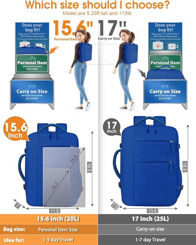 Capolo Travel Backpack for Women Men Waterproof Laptop Backpack Airlines Approved Personal Item Backpack Bag Computer Bookbag for Business, Work, Traveling Fits 15.6 Inch Laptop(Royal Blue)