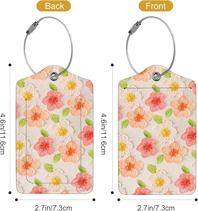 2Pack Luggage Tags for Suitcases, Cute Unique Pu Leather Cruise Luggage Tag with Privacy Cover ID Label Address Card and Metal Ring Suitable for Women Men Kids Travel Bag Pink Flower 1
