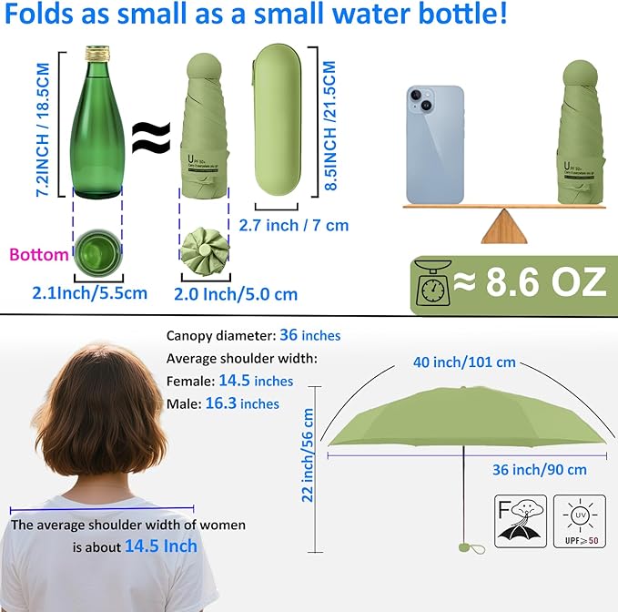 BAODINI Travel Essentials Mini Umbrella for Purse With Case Small Compact UV Sun Protection Lightweight Tiny Pocket Manual Open Close Umbrella for Women Kids and Men Fits Purse Backpack