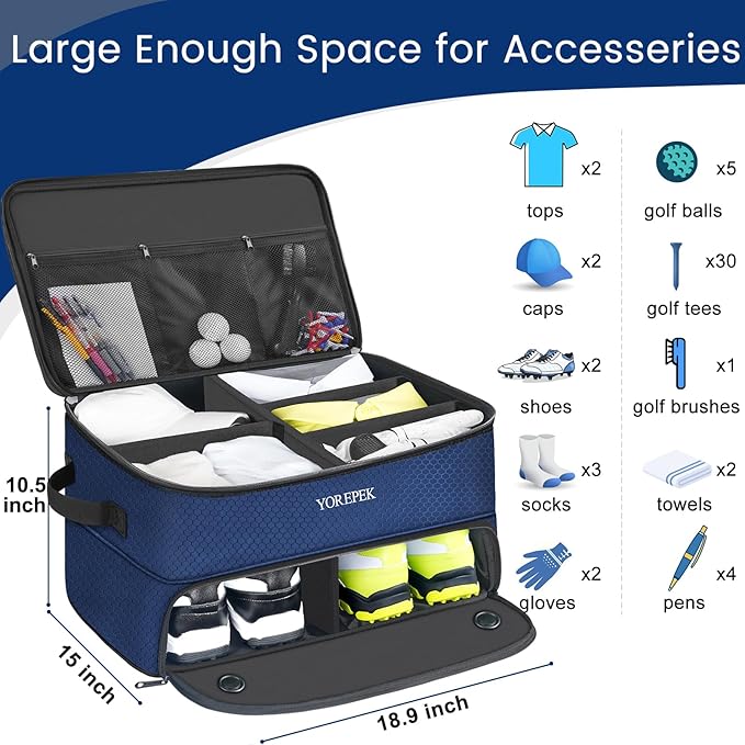 YOREPEK 2 Layer Golf Trunk Organizer, Golf Gifts for Men with Separate Ventilated Compartment for 2 Pair Shoes, Waterproof Car Trunk Locker for Balls, Tees, Clothes, Gloves, Gifts for Golfers