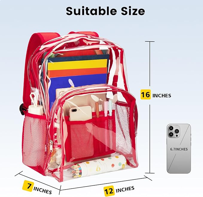 Vorspack Clear Backpack Heavy Duty PVC Transparent Backpack with Reinforced Strap Stitches & Large Capacity for College Workplace Security - Red