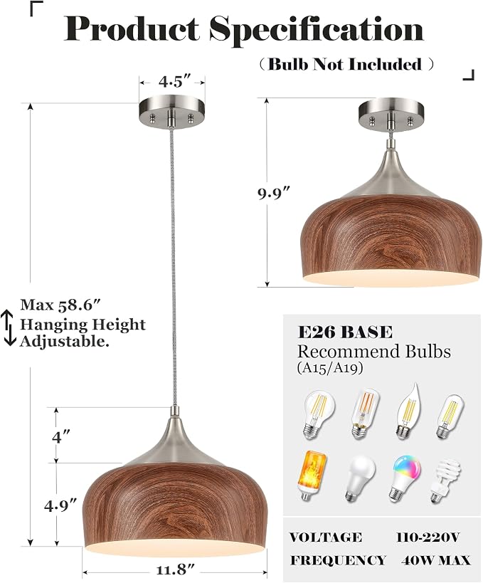 ELYONA Bauhaus Pendant Light Wooden Pattern Dome Pendant Light Fixture Brushed Nickel Metal Modern Adjustable Hanging Lighting for Kitchen Island Dining Room Office Hallway Foyer Bedroom, 12 Inch