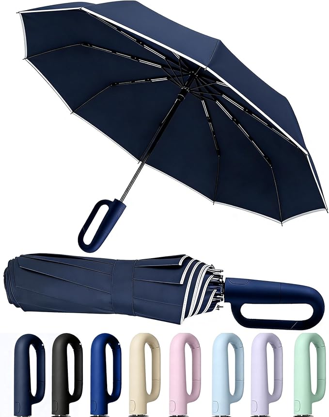 SIEPASA Travel Umbrella with Carabiner Handle - Windproof 10 Ribs Auto Open/Close for Rain & Sun Protection, Compact Portable Clip-on Backpack Design with Safety Reflective Strip.