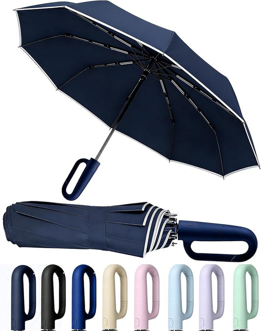 SIEPASA Travel Umbrella with Carabiner Handle - Windproof 10 Ribs Auto Open/Close for Rain & Sun Protection, Compact Portable Clip-on Backpack Design with Safety Reflective Strip.