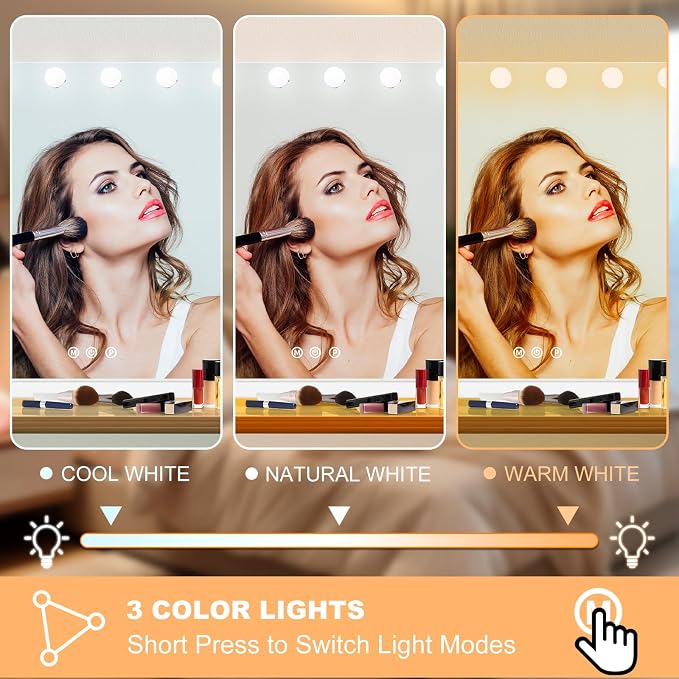 Moonee Vanity Mirror with Lights, Hollywood Lighted Makeup Mirror with 18 Dimmable Bulbs and 10X Magnification, 3 Colors Modes, Light Up Mirror, Gifts for Women, Girls,Dorm Room Essentials（32" x 24"）
