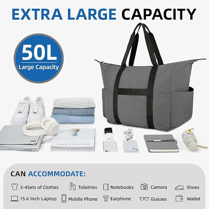 50L Foldable Duffle Bag, Lightweight Travel Duffel Bag with Tear Resistant for Men Women, gray