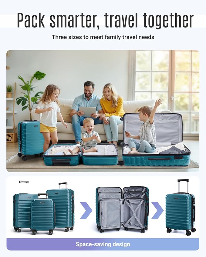 LIGHT FLIGHT Luggage Sets, 3 Piece Durable Suitcase Set with Spinner Wheels, 3 Pcs Hard Shell Lightweight Luggage with TSA Lock, Large Checked Travel Suitcases, 20/24/28 Inch,Teal Blue