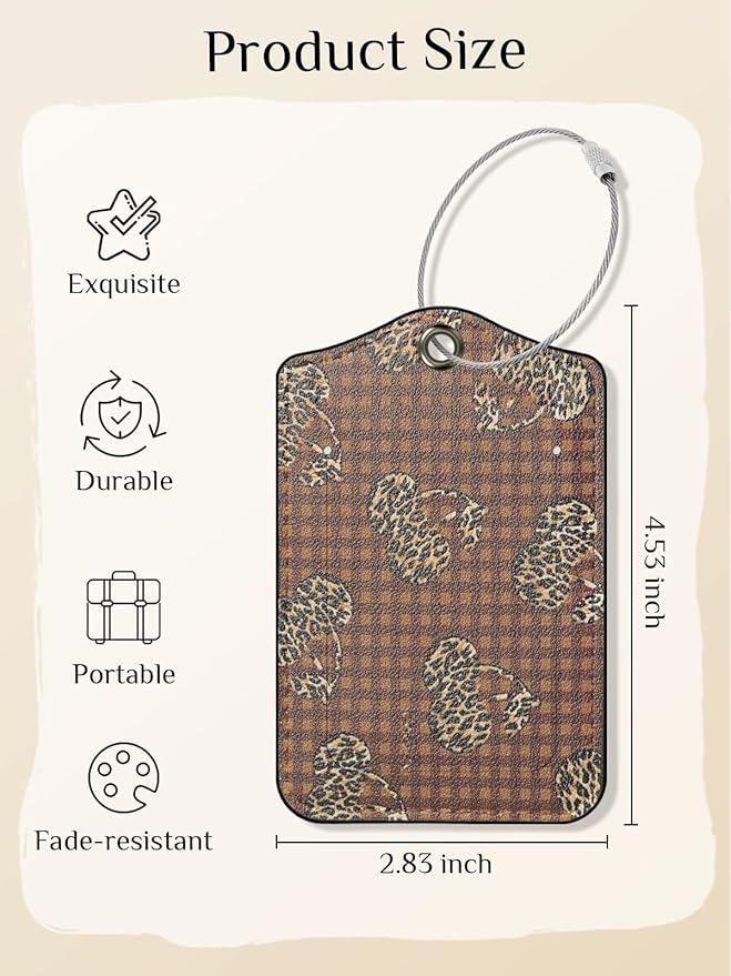 Seorsok 2 PCS Luggage Travel Tags for Suitcases,Cute Brown Leopard PU Leather Name Tag with Privacy Cover&ID Label Address Card and Durable Metal Ring Suitable for Men Women Handbags Backpack,Cherry