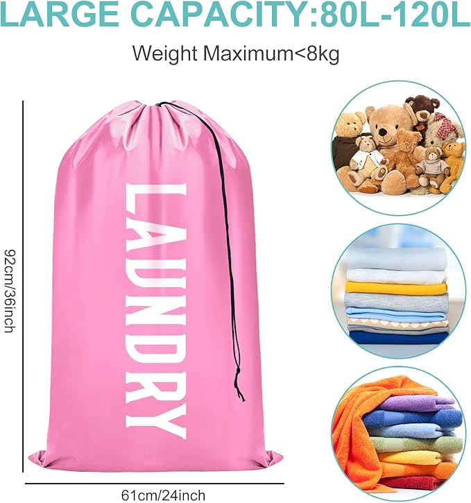 Fiodrimy 2 Pack XL Travel Laundry Bag, Machine Washable Dirty Clothes Organizer, Large Enough to Hold 4 Loads of Laundry, Easy Fit a Laundry Basket (Pink+Blue, 24" x 36")