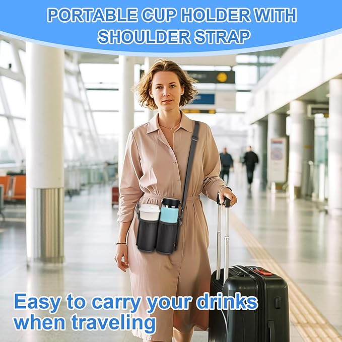 Desing Wish Luggage Cup Holder for Suitcases with Shoulder Strap Suitcase Cup Holder for Travel Luggage Drink Holder for Coffee Cups/Water Bottles/Soda Cans (Black)