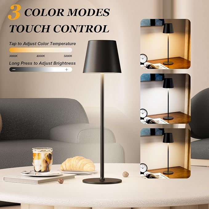 Kakanuo Cordless Table Lamp Rechargeable Black - KK 4 Pack Battery Operated Lamp for Dining Table, 3 Color Stepless Dimming Wireless Lamp for Counter, Outdoor Patio, Touch Control