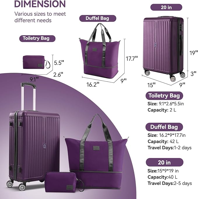 Hoteel Luggage Sets 3 Piece ABS+PC Hardside, 4-Year Warranty, Luggage Set with Spinner Wheels, TSA Lock, Lightweight Carry on Luggage, 20" Suitcase with Duffel & Organizer, Purple