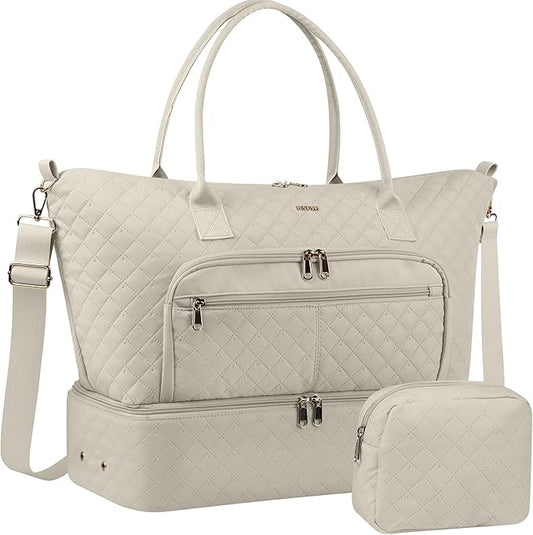 HOTOR Travel Duffle Bag for Women - Carry on Bag with Toiletry Pouch & Shoe Compartment, Large Overnight Weekender Bags for Gym, Business Trips, Sports and Hospital, Beige, 17.3" x 7.9" x 13.4"