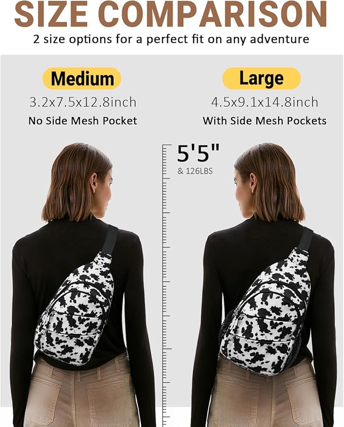 Tuwubi Crossbody Bags for Women, Sling Bag for Men, Small Hiking Backpack Anti Theft Lightweight for Outdoors Travel （L, Cow Print）