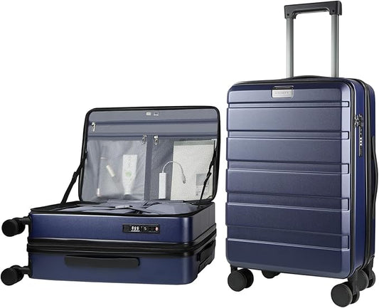 KROSER Carry On Luggage with Spinner Wheels & Built-in TSA Lock, Expandable Top Opening Hard Shell Suitcase Large Capacity Durable Rolling Luggage with USB Port, Carry-On 20-Inch, Navy