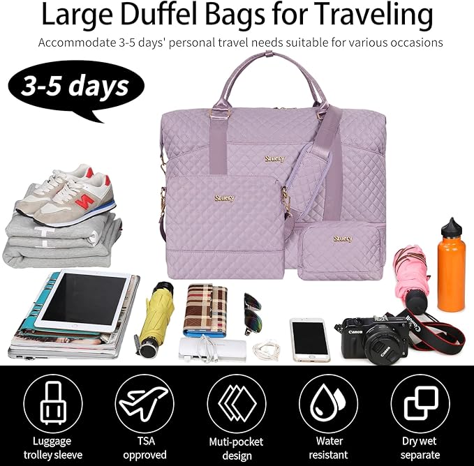 Weekender Bag, Large Travel Duffel Bag for Women, Carry on Overnight Bag with Shoe Compartment and Toiletry Bags