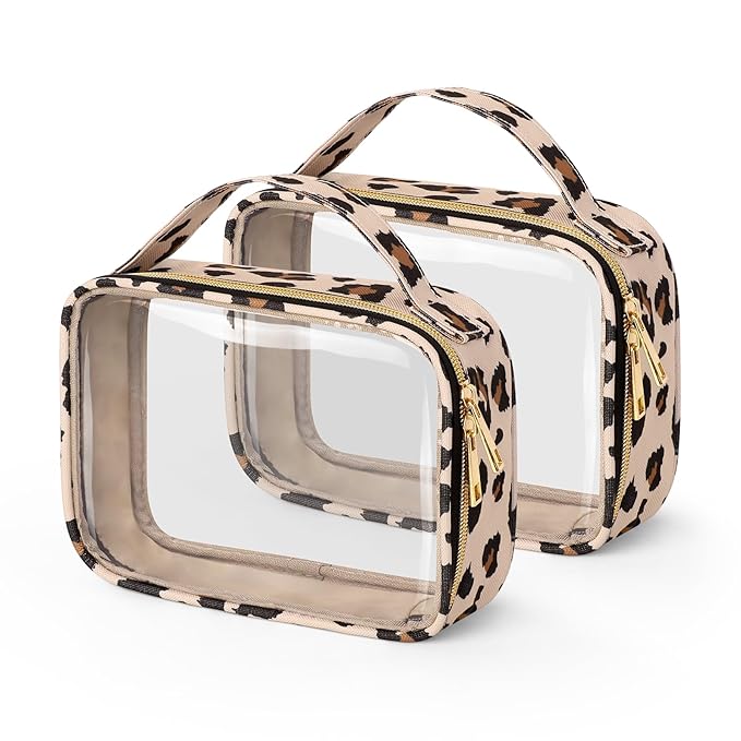 Wedama Clear Toiletry Bag, 2 Pack Clear Makeup Bags with Handles, Large Travel Bags PVC Cosmetic Bag for Women and Men, Carry on Airport Airline Compliant Bag, Leopard Print