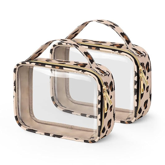 Wedama Clear Toiletry Bag, 2 Pack Clear Makeup Bags with Handles, Large Travel Bags PVC Cosmetic Bag for Women and Men, Carry on Airport Airline Compliant Bag, Leopard Print