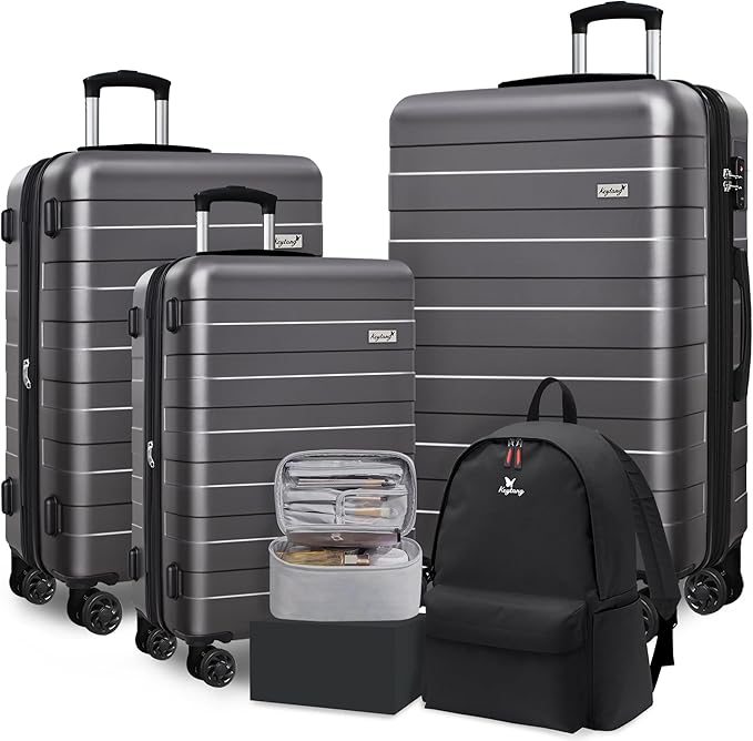 Zebra Luggage Sets 5 Piece, Lightweight Hardside Business Travel Suitcase Set with TSA Lock, Bonus Travel Backpack & Makeup Bag, 20/24/28 inch, Grey