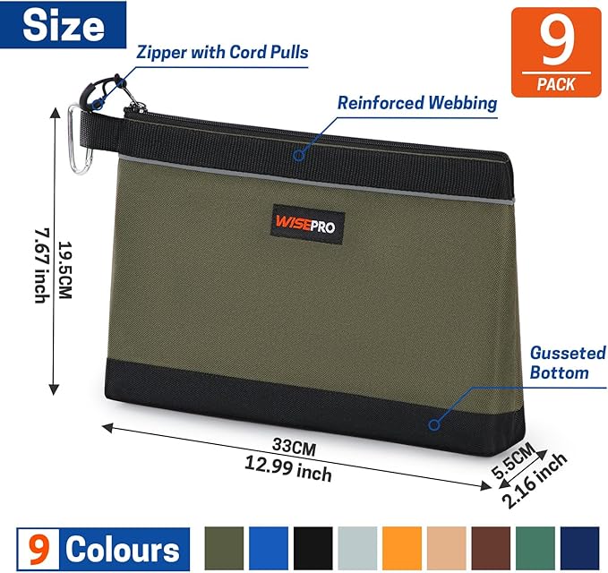 Zipper Tool Pouches, Multi-Purpose Utility Tool Bags Organizer for Small Hand Tools, Screws, Nails, Hardware, Pliers & Wrenches, Storage Pouch Set for Electricians, Plumbers, HVAC & Mechanics