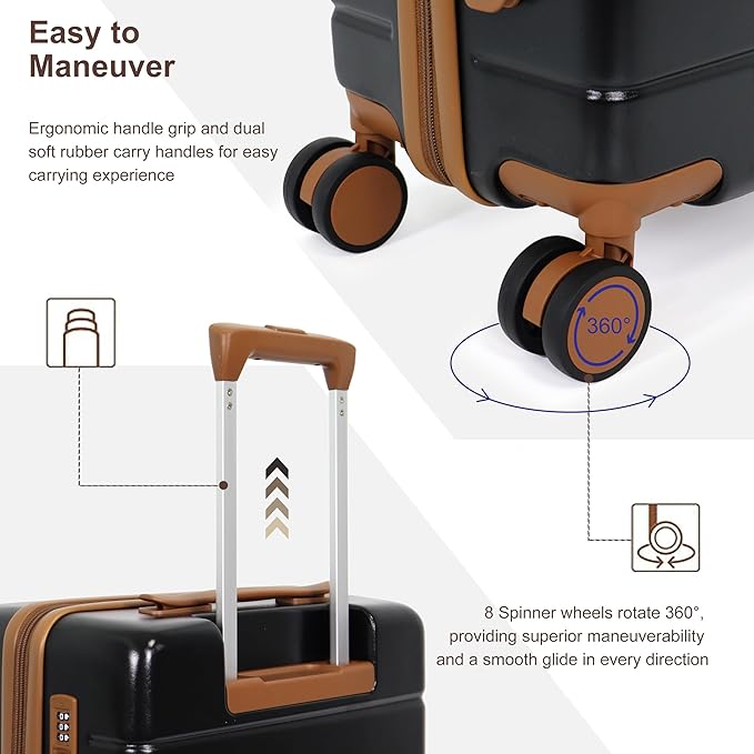 5 Piece Luggage Set for Family Travel, Lightweight Hardshell PC+ABS Suitcases set, Suitcase with 8 Smooth Spinner Wheels, TSA Lock, YKK Zippers(20' 24' 28' Black)
