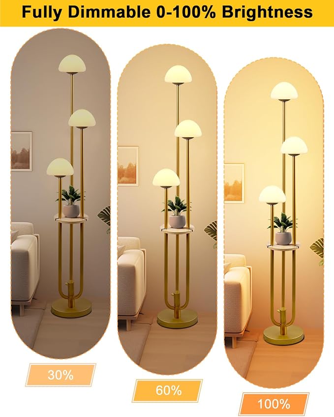 Lightdot Gold Dimmable Floor Lamp with Table, Modern Floor Lamps for Living Room 3000K Warm Bulbs Included Tall Standing Lamp with Mushroom Shades with 5Lbs Heavy Base for Sofa Beside/Corner Decor