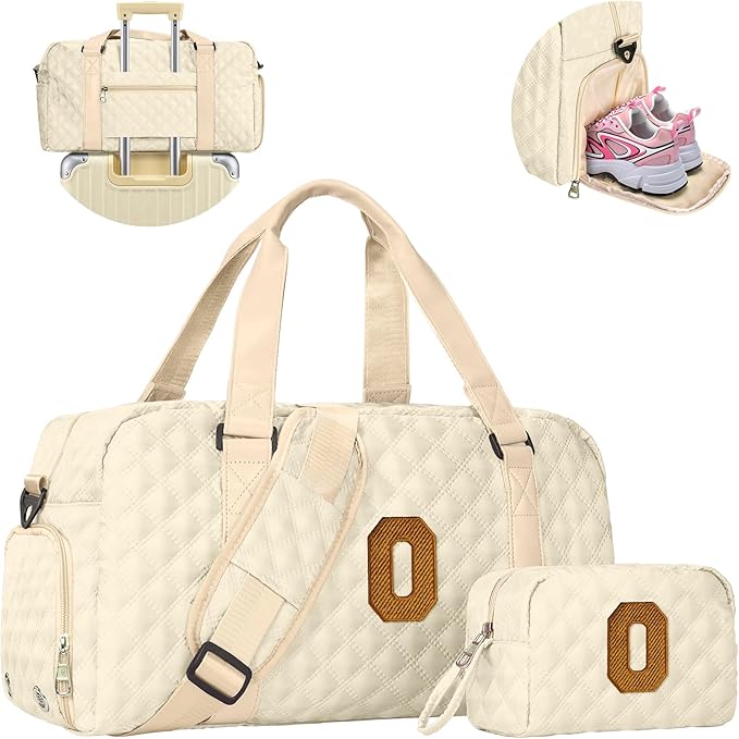 Initial Gym Bag for Women, Travel Duffel Bag, Graduation Gift for Her, Personalized Weekender Bag with Shoes Compartment, Gifts for Mom Female Niece Friends