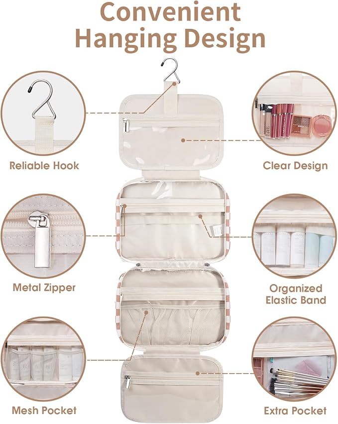 Narwey Travel Toiletry Bag for Women Large Hanging Makeup Bag Organizer Toiletries Bag for Full Size Essentials Accessories Cosmetics (Light Checkerboard (Large))