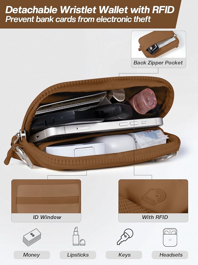 Tiostep Clip and Go Strap for Phone with Wallet Crossbody Phone Lanyard Adjustable and Detachable RFID Wristlet Wallet with ID Window and Zipper, Brown Large
