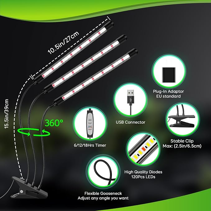 SDOVUERC Tri-Heads Grow Lights for Indoor Plants, Full Spectrum Plant Lights for Indoor Growing with Adjustable 360° Gooseneck, 6/12/18H Timer & Dimming for Seedlings(Pack 2)