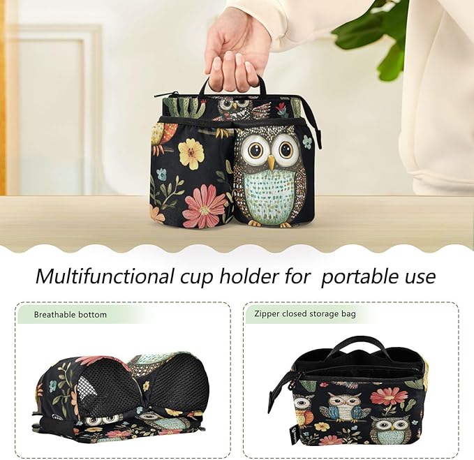 Black Owls Cactus Butterfly Luggage Cup Holder Travel Portable Free Hand Drink Carrier Suitcase Drinks Beverage Holder Carry-On Bottle Mug Holder Organizer Bag Travelers Accessories