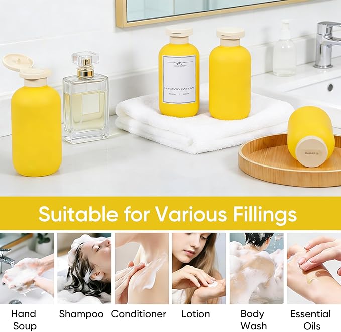DEMORA 6.6oz Travel Bottles for Toiletries, Larger Plastic Travel Squeeze Bottles Leak Proof Refillable Toiletry Containers with Flip Caps and Labels for Shampoo Conditioner Lotion (Yellow, 4 Pcs)