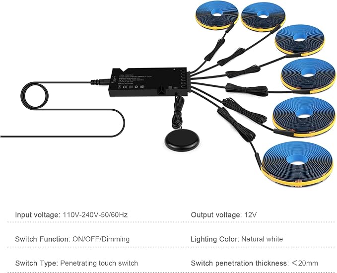 Black Cabinet Light COB LED Strip Lights | 6 pack penetrable touch dimmable ideal for display cabinet and wine rack decorative lighting (Natural White, 3.3ft / 1M)