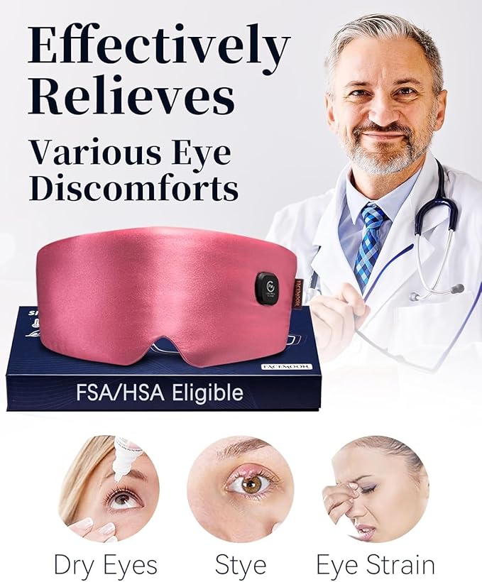 Heated Eye Mask for Dry Eyes - Silk Cordless Warm Eye Compress Moist Heat, Eye Heating Pad for Stye Treatment, Tired Eyes, Sleep, Travel, Washable, Rechargeable, Pink