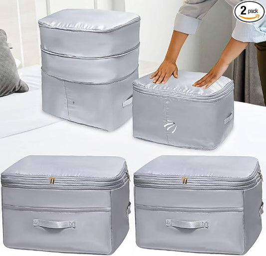 Ultra Space Saving Self Compression Organizers, 2 Pack Double Zipper Compression Packing Cubes for Bedding, Comforter Storage Bag for Blankets Duvet Quilts Pillows Queen King (Gray, X-Large)