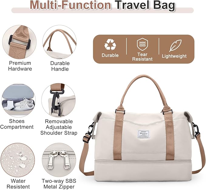 Weekender Bags for Women, Travel Duffel Bags with Shoe Compartment & Wet Pocket,Travel Bag for Airlines,Carry on Overnight Tote Bag for women with Toiletry Bag,3Pcs Set，Beige & Brown
