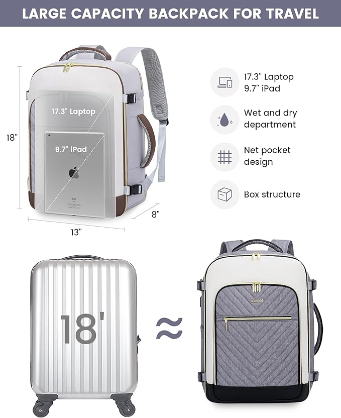 LOVEVOOK Large Travel Backpack for Women, TSA Carry on Backpack for Airplanes, 40L Personal Item Travel Bag for Women fits 17" Laptop,Waterproof Carry on Bag Airplane Approved with 3 Packing Cubes